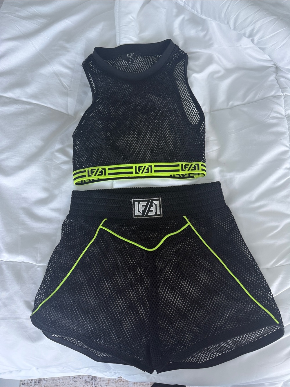 LF Black Mesh Crop Top & Shorts Set with Neon Lime Trim